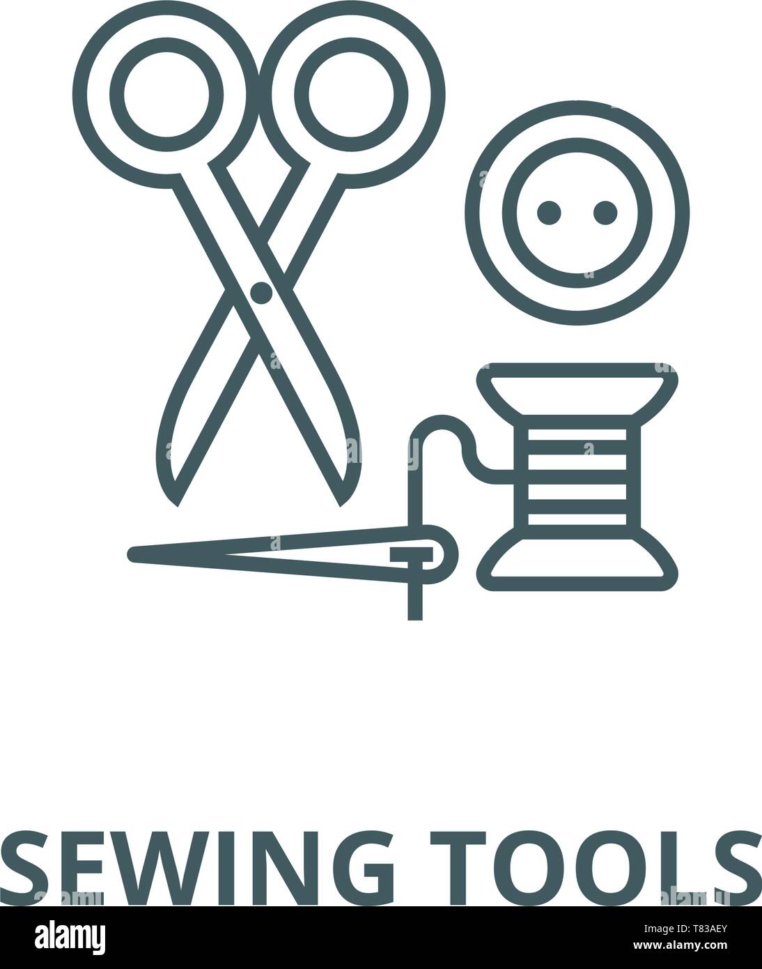 Sewing,scissors, thread, needle, button vector line icon, linear ...