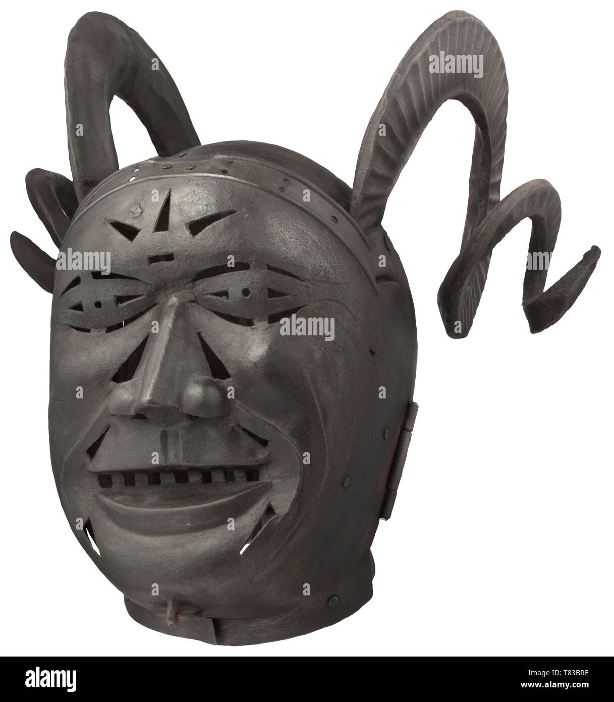 A Brank Or Mask Of Shame Horned Helmet In The Style Of An Armet With Schembart Visor Made For A Collector And Modelled After An Original Dating From The 16th Century Two Piece