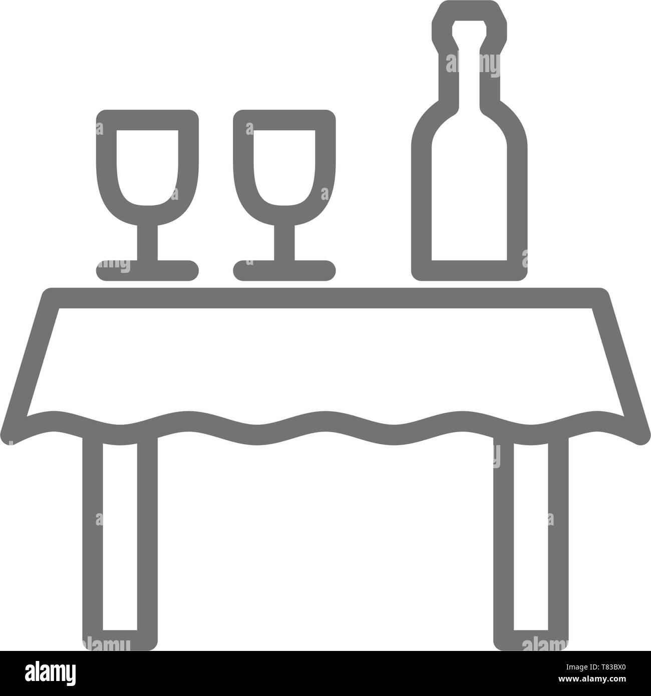 Table with bottle of wine and glasses line icon. Stock Vector