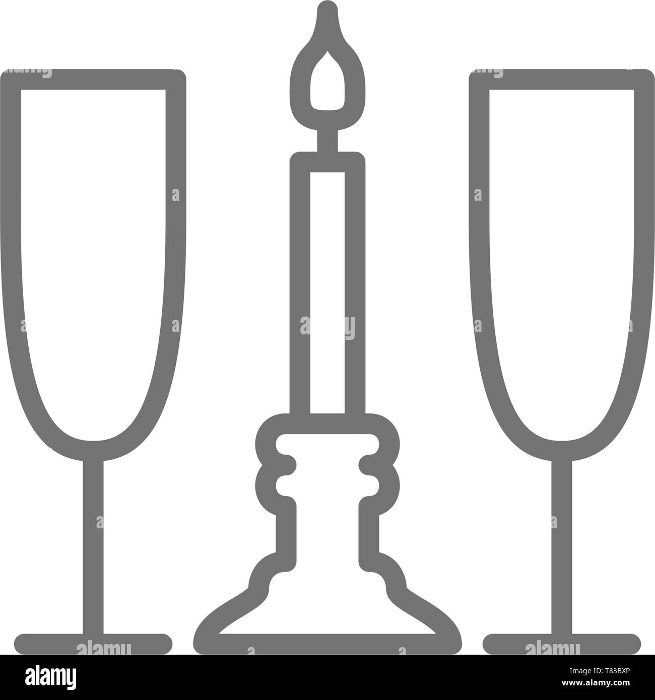 Two glasses with candle, romance line icon. Stock Vector