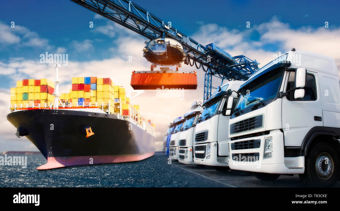 Truck and ship with containers as a symbol of international trade Stock Photo