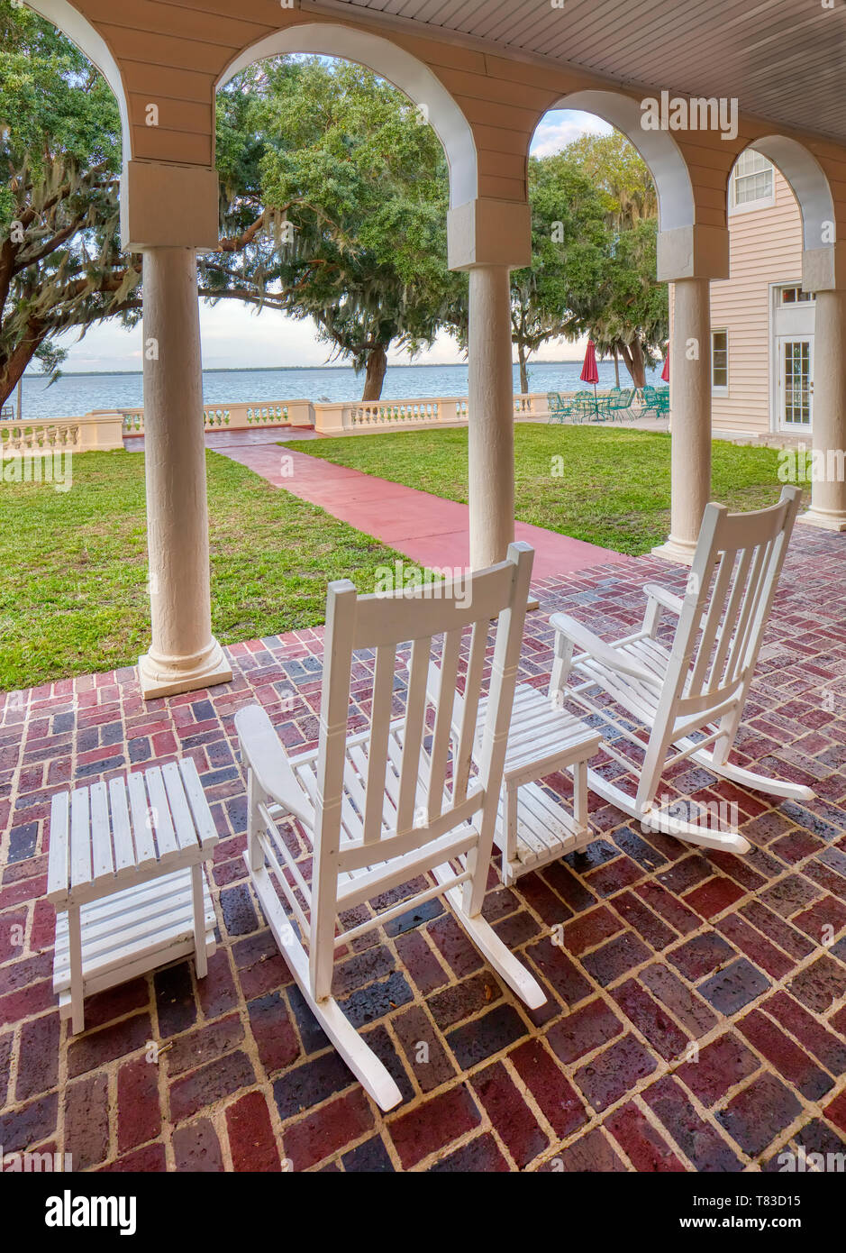Porch at Capernaum Lakeside Lodge also Capernaum Inn Retreat Center built in 1925 in Lake Wales Polk County Floridda in the United States Stock Photo