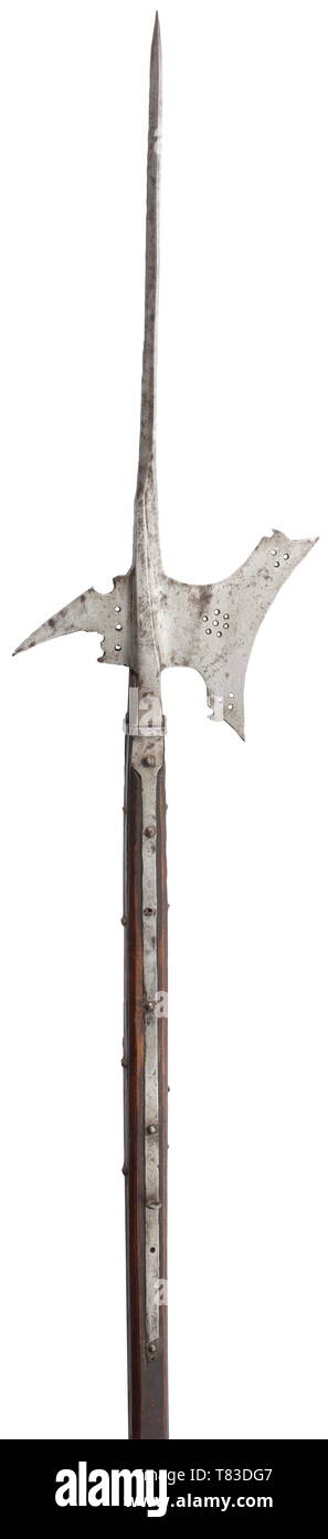 A South German or Styrian halberd Circa 1600. Sturdy, asymmetrical thrusting spike. Concave blade and down-curved fluke pierced with dots. Conical socket, four long side straps on original, octagonal, slightly shortened shaft. Length 205 cm. historic, historical, pole weapon, weapons, arms, weapon, arm, fighting device, military, militaria, object, objects, stills, clipping, clippings, cut out, cut-out, cut-outs, metal, 17th century, Additional-Rights-Clearance-Info-Not-Available Stock Photo