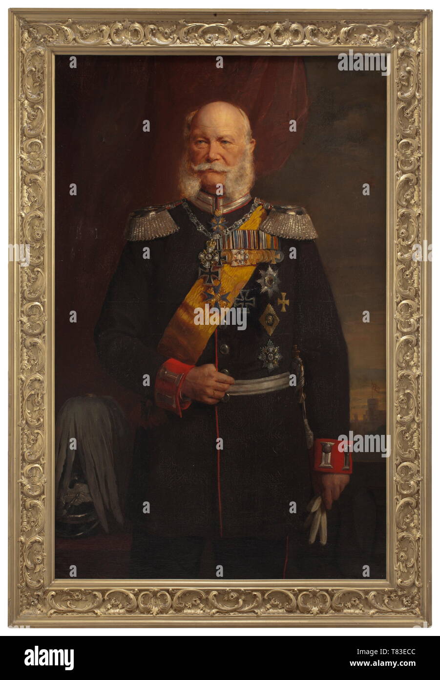 Emperor Wilhelm I (1797 - 1888) in a uniform for a general Large three-quarter length portrait by Fritz Hummel from circa 1880. Oil on canvas, signed on the lower right, in new relief frame. Standing white haired figure in a Prussian general´s uniform with epaulettes, guard cuffs, small-sword, kid gloves and applied medals (collar for the Royal House Order of Hohenzollern, Grand Cross for the Order Pour le Mérite, Order of the Black Eagle etc.), the associated parade helmet on the lower left. In the background on the right - bathed in a mythical , Additional-Rights-Clearance-Info-Not-Available Stock Photo