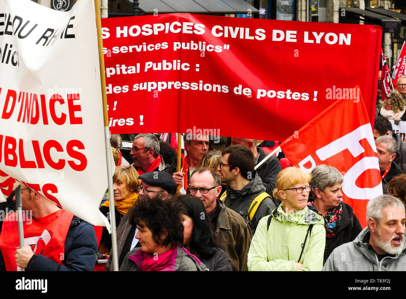 Public officials march to defend civil Services, Lyon, France Stock Photo