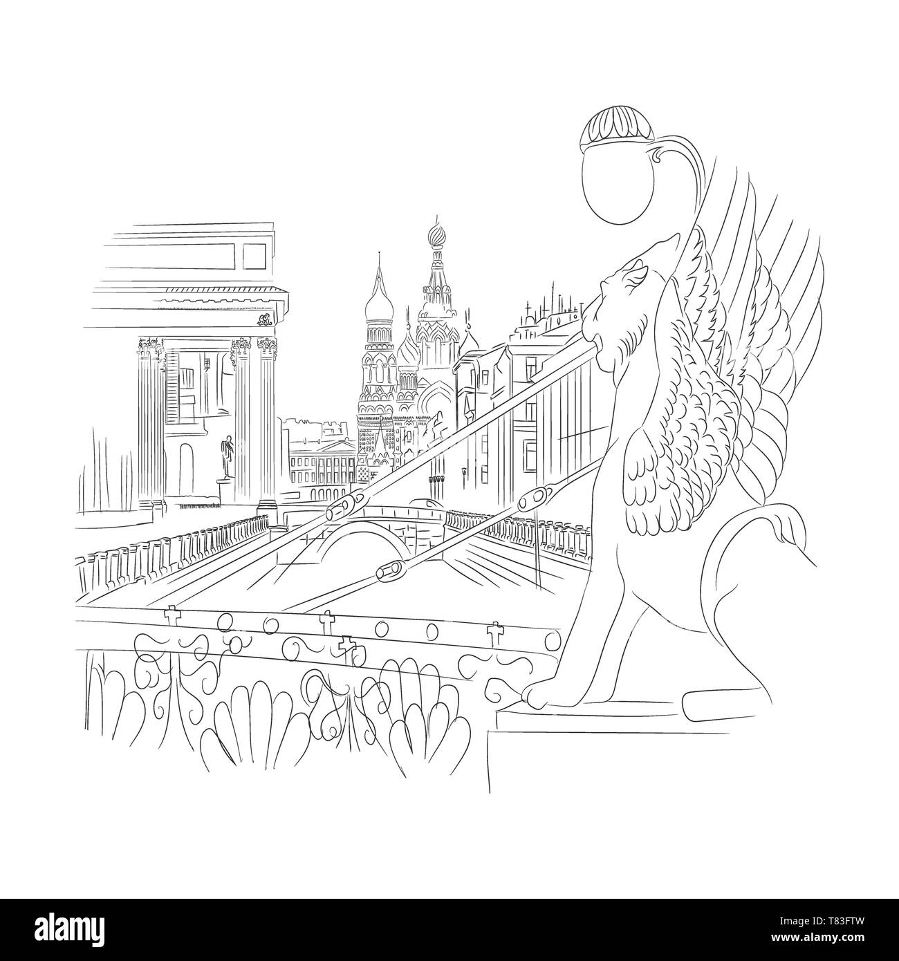 Winged lion silhouette St. Petersburg landmark Russia, Vector hand drawn engraved illustration,ink sketch isolated on white background, decorative Stock Vector