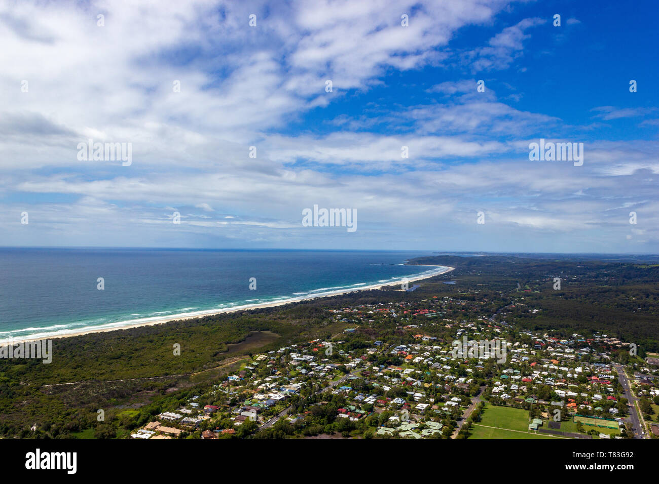 Wategoes Beach aerial view at Byron Bay with lighthouse Stock Photo