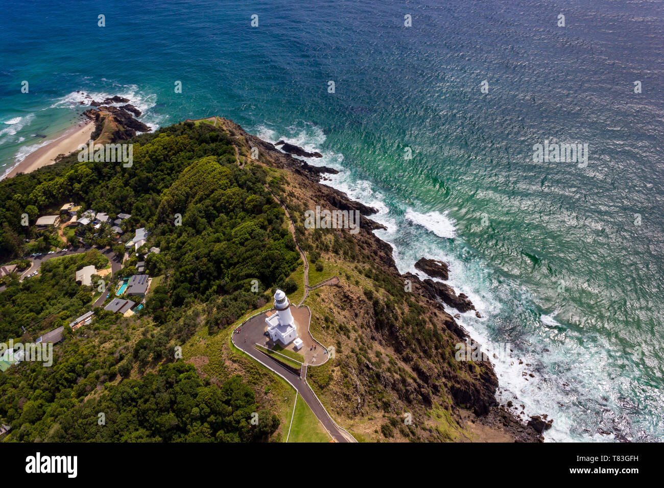 Wategoes Beach aerial view at Byron Bay with lighthouse Stock Photo