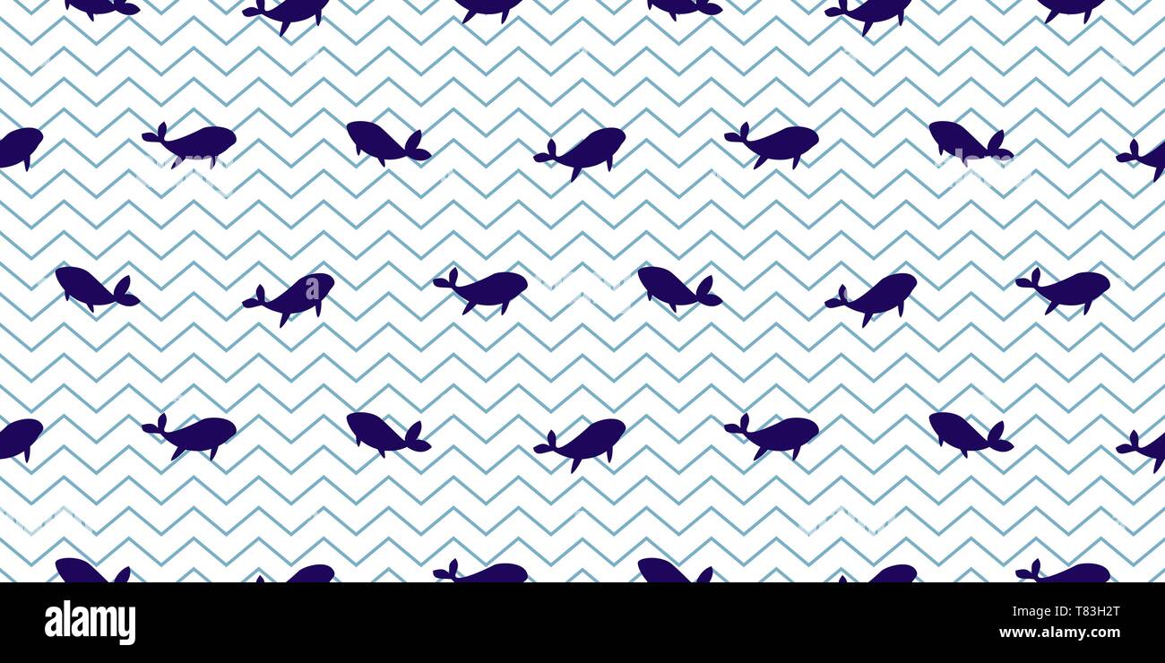 Dolphin and whale seamless vector pattern. Cartoon style blue striped fish simple background. Stock Vector