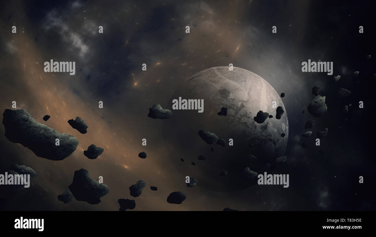 Sci fi space background with asteroid field near planet Stock Photo