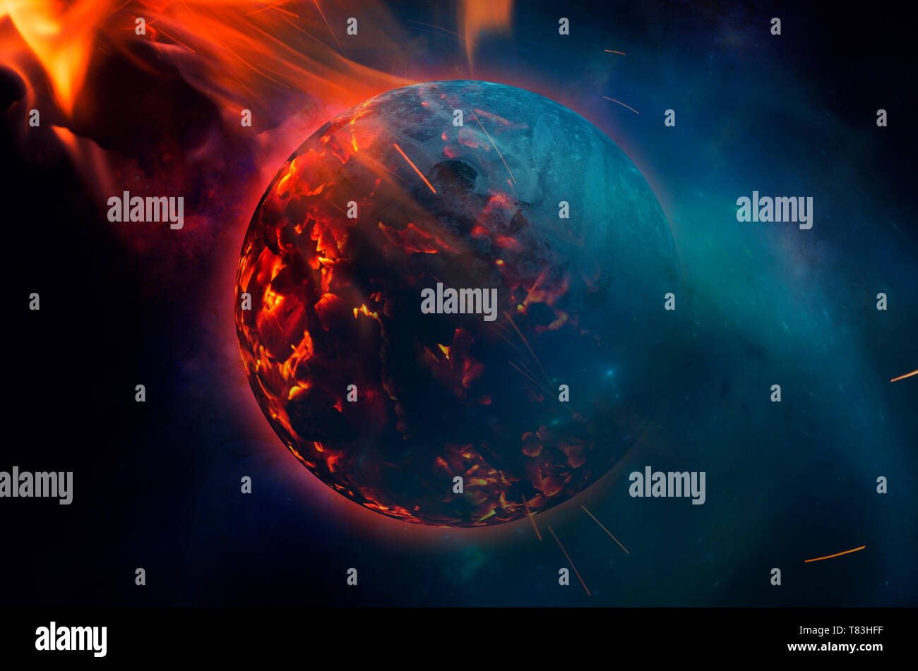 world burning concept, planet burning in space apocalyptic science fiction illustration Stock Photo
