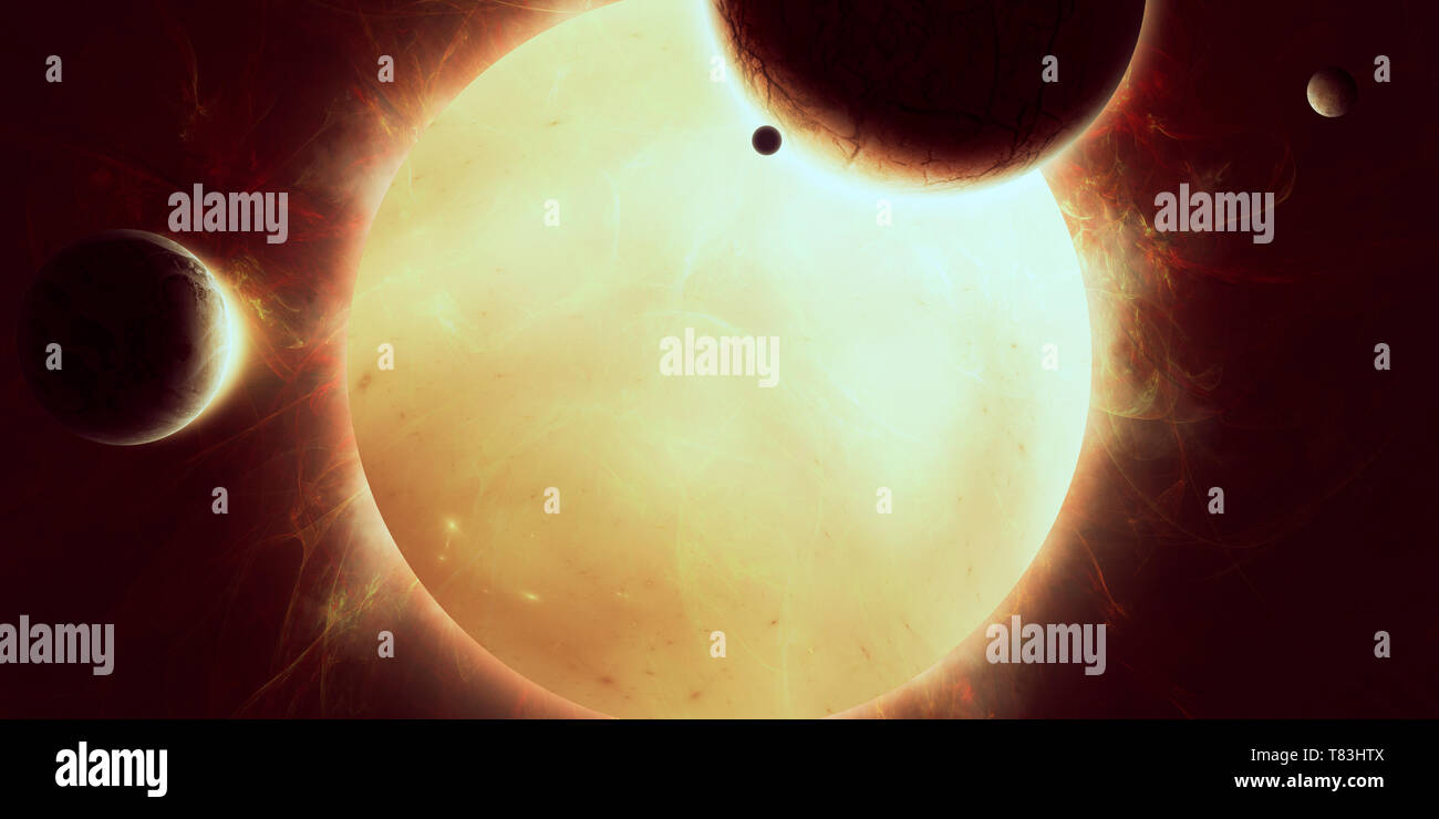 sun and planets in space, solar radiation astronomy background Stock Photo
