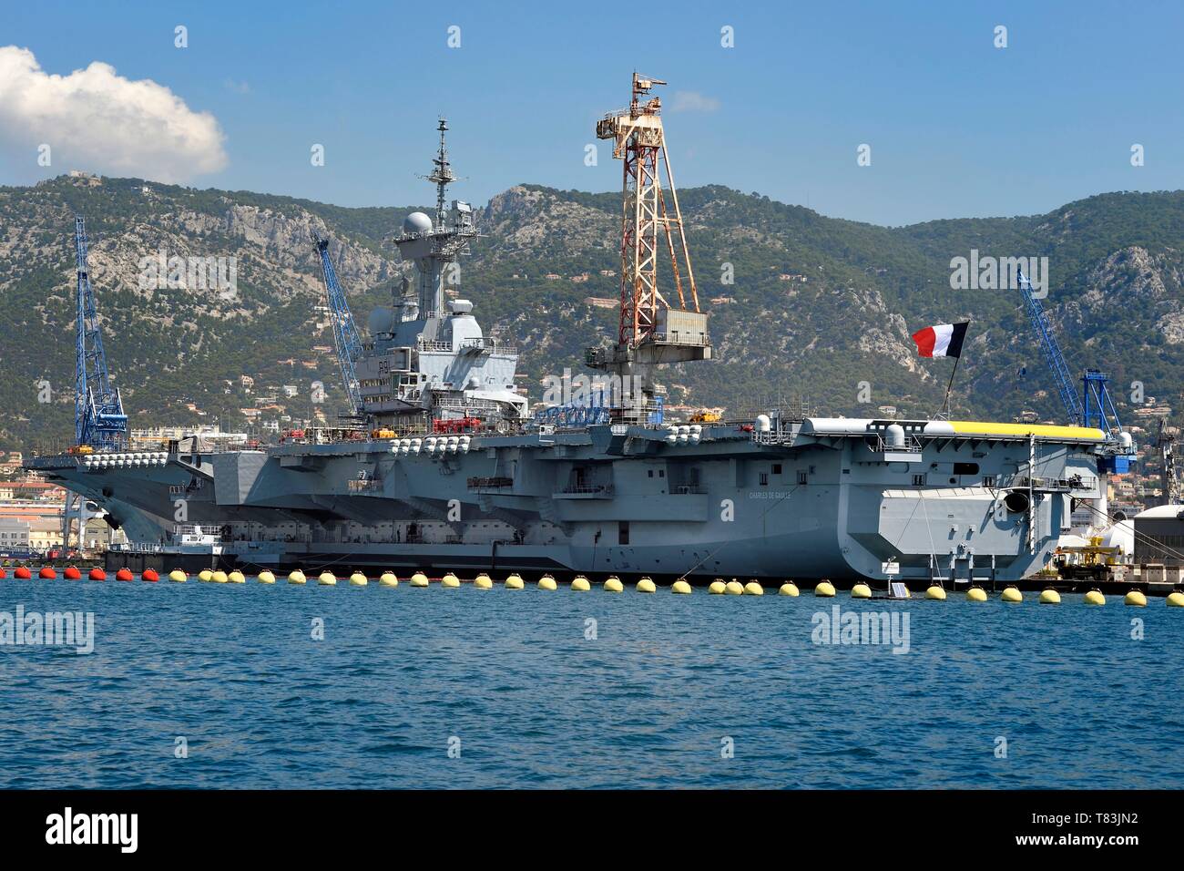 France, Var, Toulon, the naval base (Arsenal), the Charles de Gaulle nuclear powered aircraft carrier on mid life renovation Stock Photo