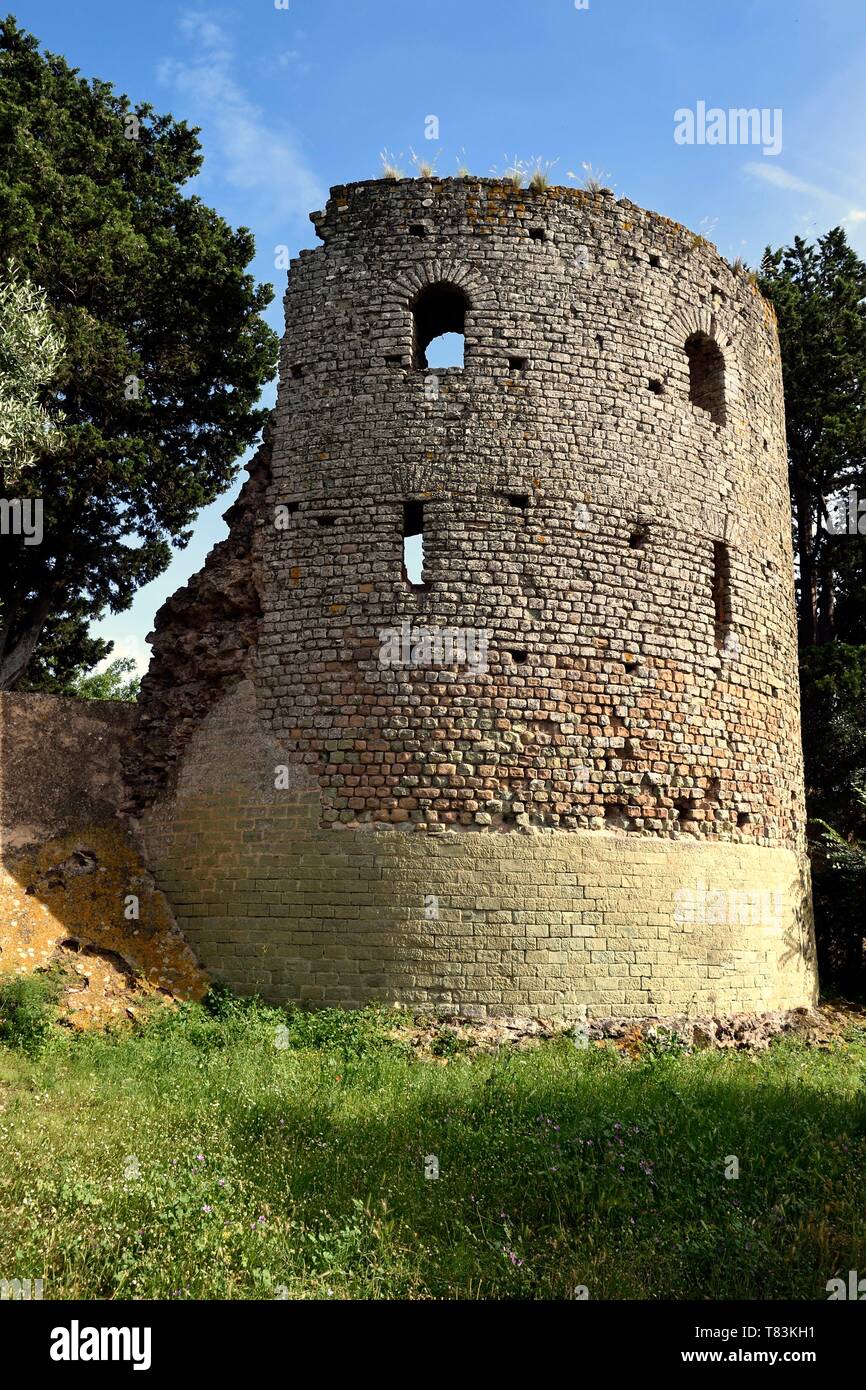 France, Var, Frejus, Forum Julii, Roman tower in the northern ramparts of the Roman city in the Clos de la Tour garden Stock Photo