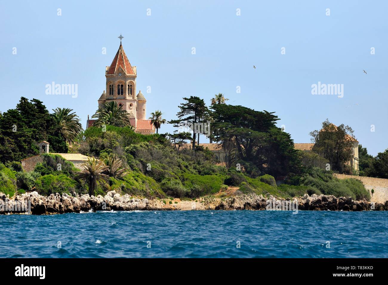 France, Alpes Maritimes, Lerins Islands, Saint Honorat island, Abbey of Lerins, the abbey church Stock Photo