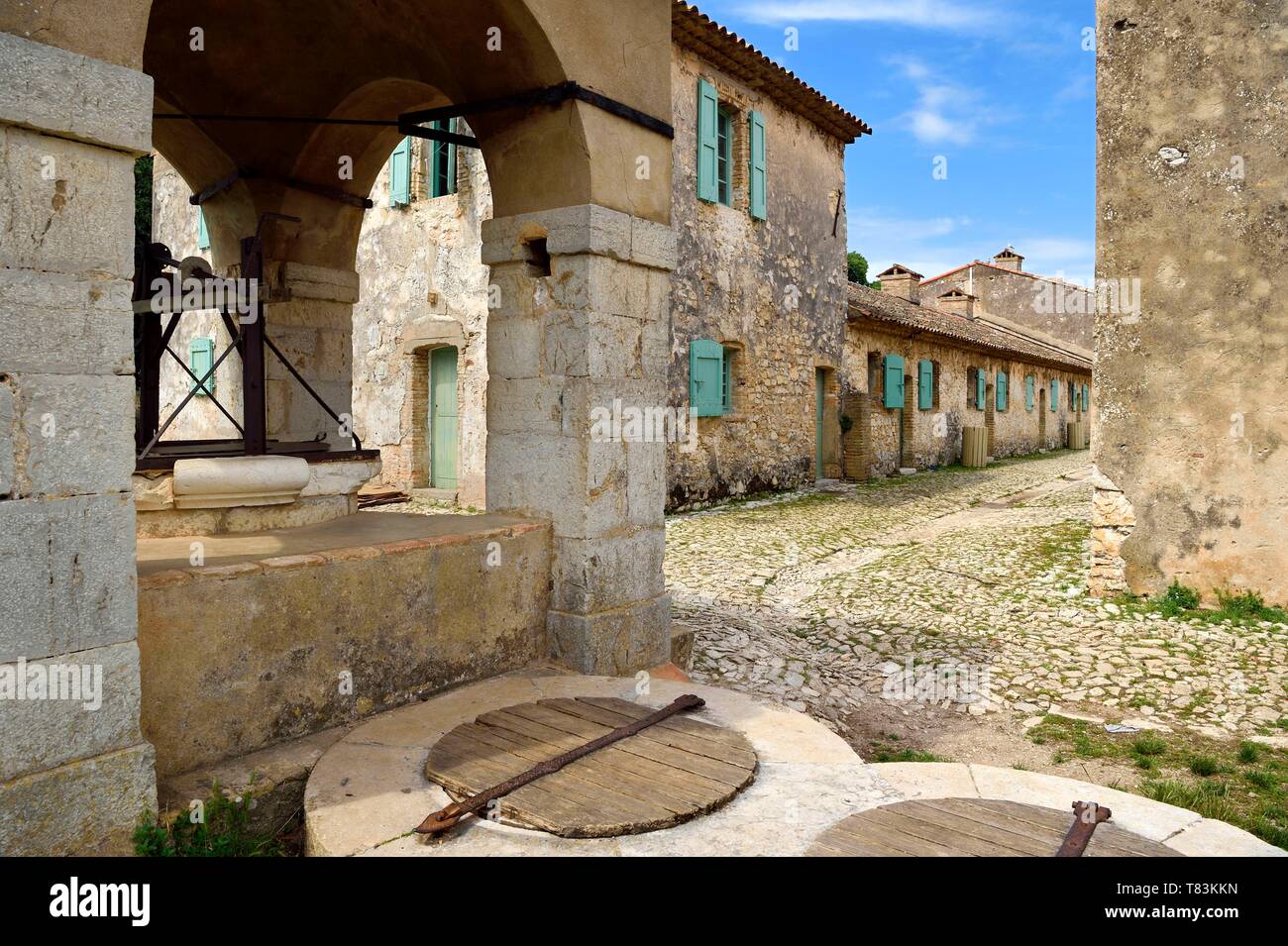 France, Alpes Maritimes, Lerins Islands, Sainte Marguerite island, the Fort Royal fortified by Vauban, the well and a street Stock Photo