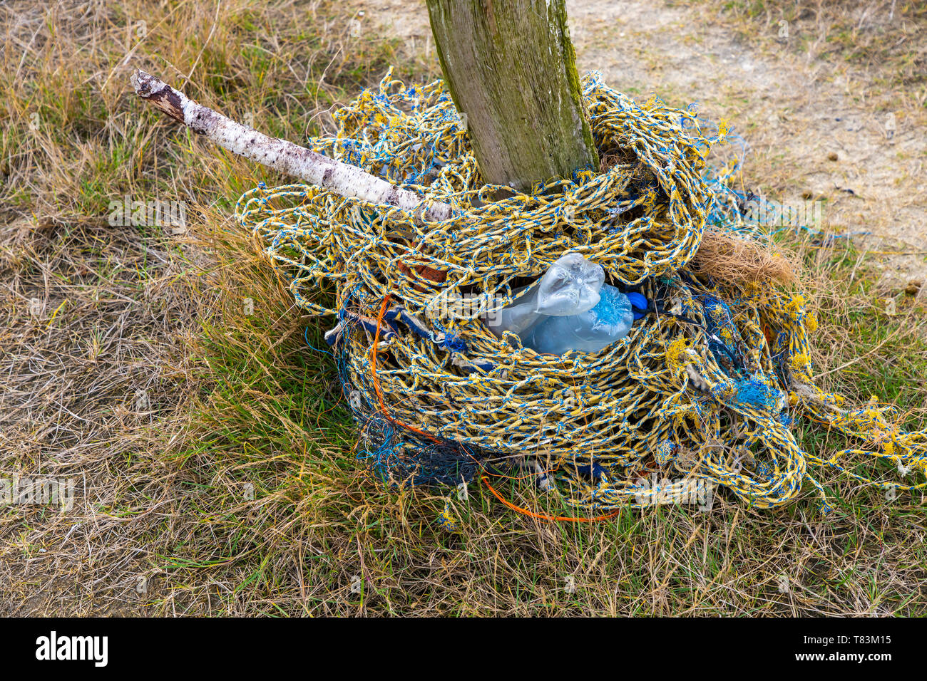 East Frisian North Sea island, Spiekeroog, Wadden Sea National Park, in winter, flotsam, plastic waste, fishing net, Germany, Stock Photo