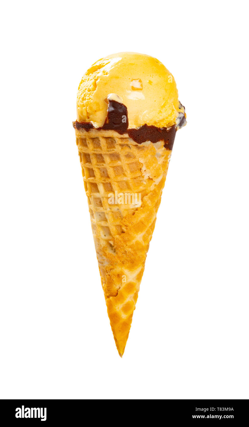 mango and chocolate flavor ice cream cone on white with clipping path