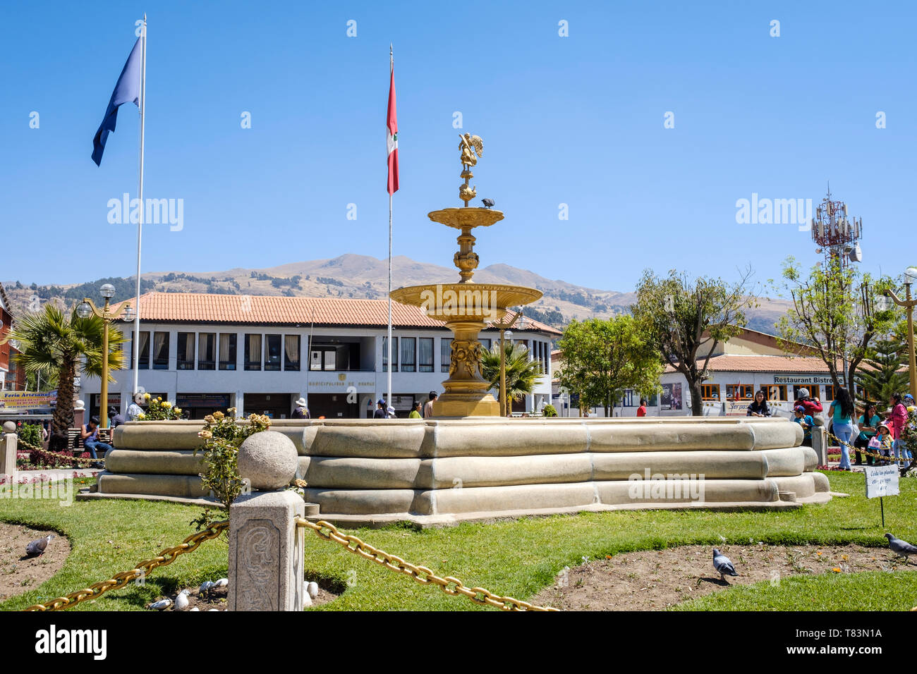 Fountain at Plaza de Armas or Main Square of Huaraz, Ancash Region, Peru Stock Photo