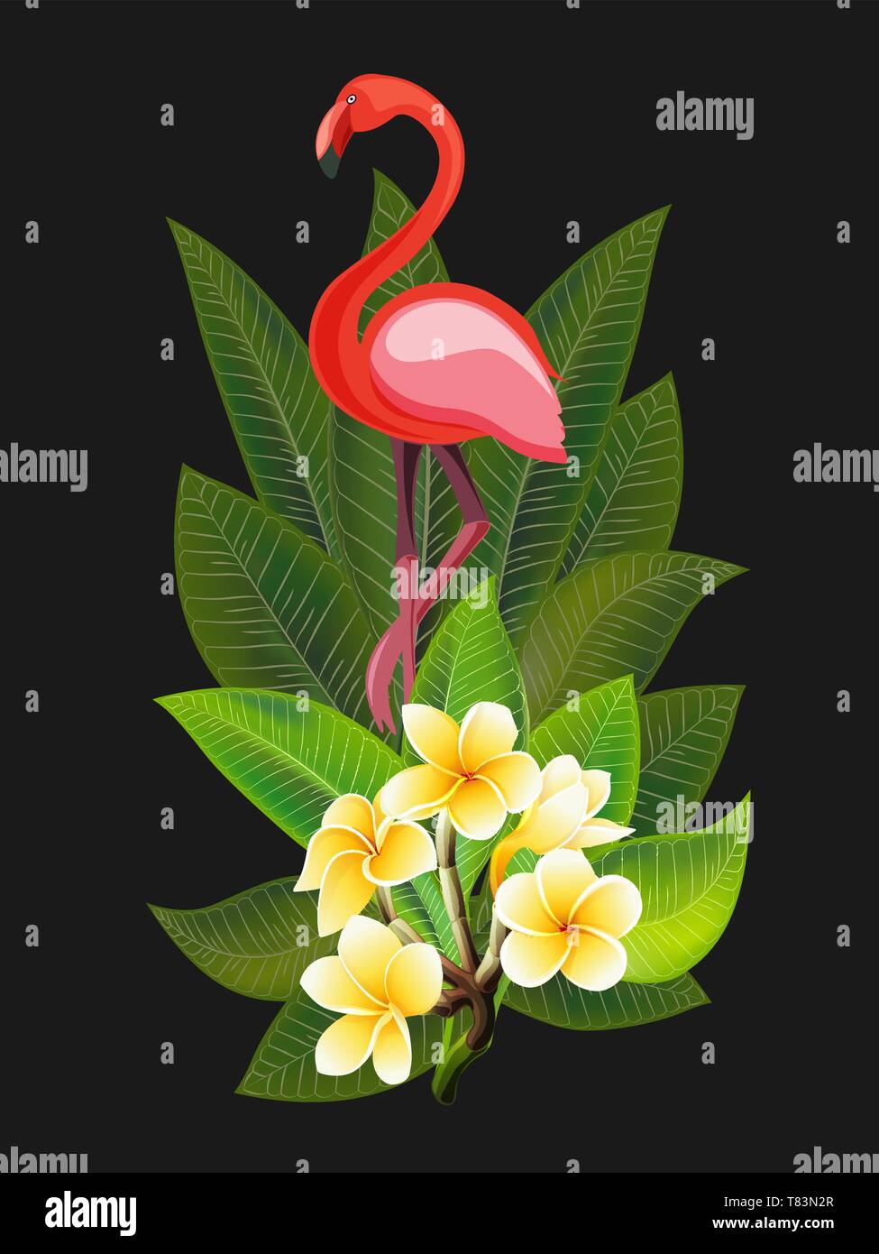 Summer design for advertising with flamingo, tropical leaves and flowers Stock Vector