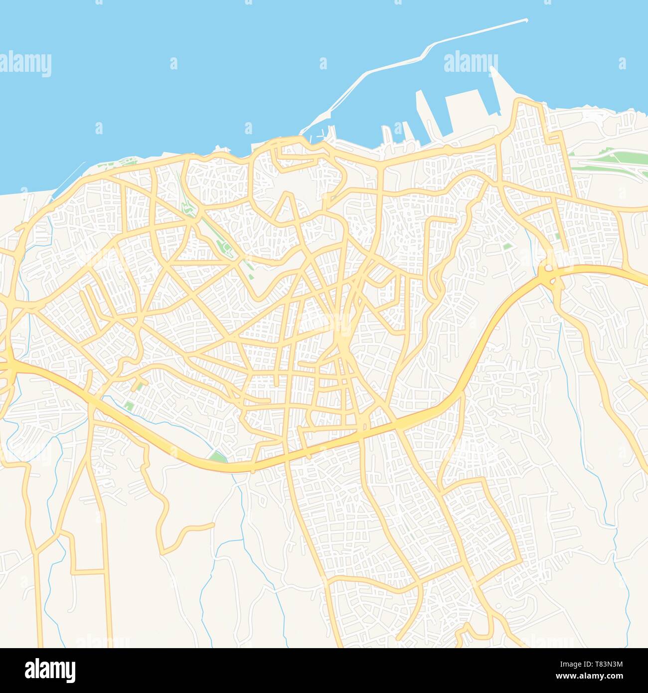 Printable map of Heraklion, Greece with main and secondary roads and larger railways. This map is carefully designed for routing and placing individua Stock Vector