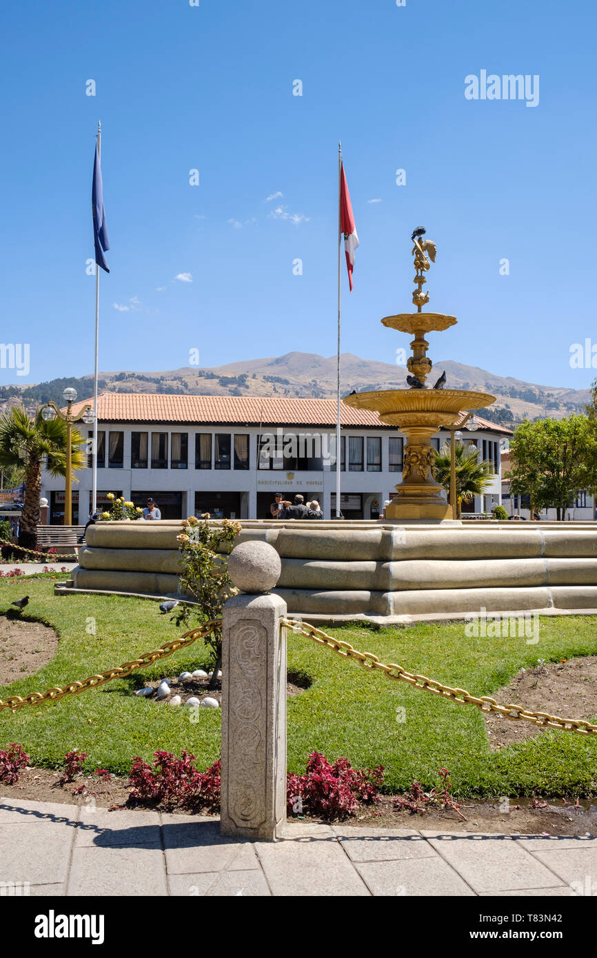 Fountain at Plaza de Armas or Main Square of Huaraz, Ancash Region, Peru Stock Photo