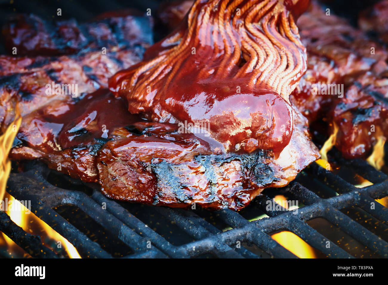 Boneless beef ribs grilling over flames with barbecue sauce added with bbq mop. Extreme shallow depth of field with blurred background with focus on f Stock Photo