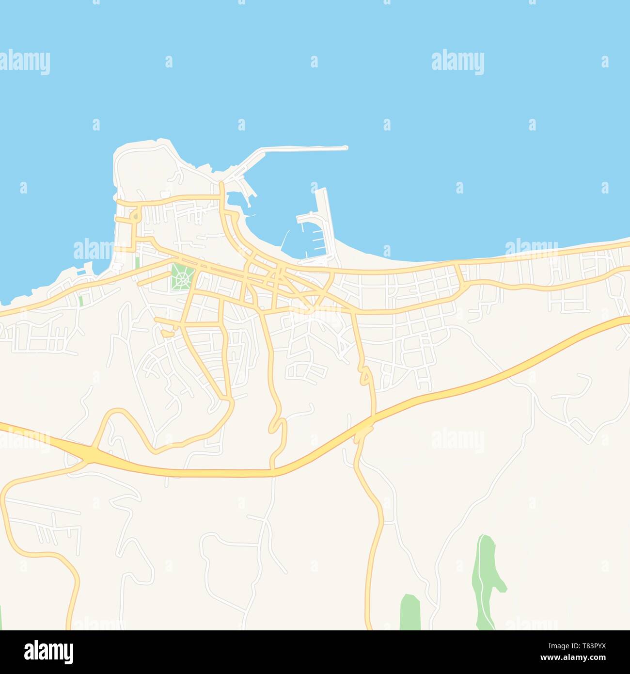 Printable map of Rethymno, Greece with main and secondary roads and larger railways. This map is carefully designed for routing and placing individual Stock Vector