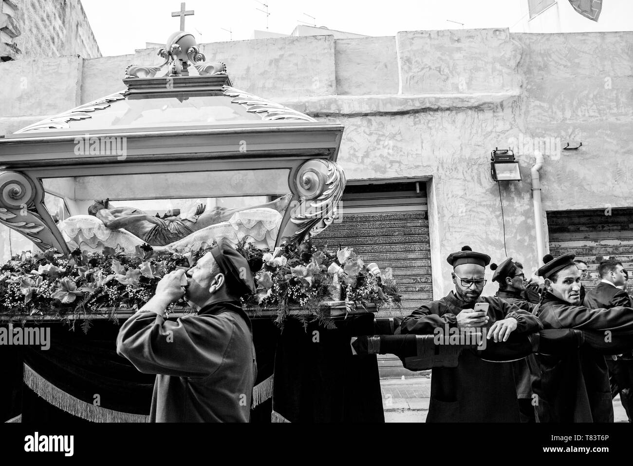 TRAPANI, ITALY - Aprile 19-20, 2019 - The Mysteries of Trapani is a 24 hours long procession featuring twenty floats of lifelike scenes of the Passion Stock Photo