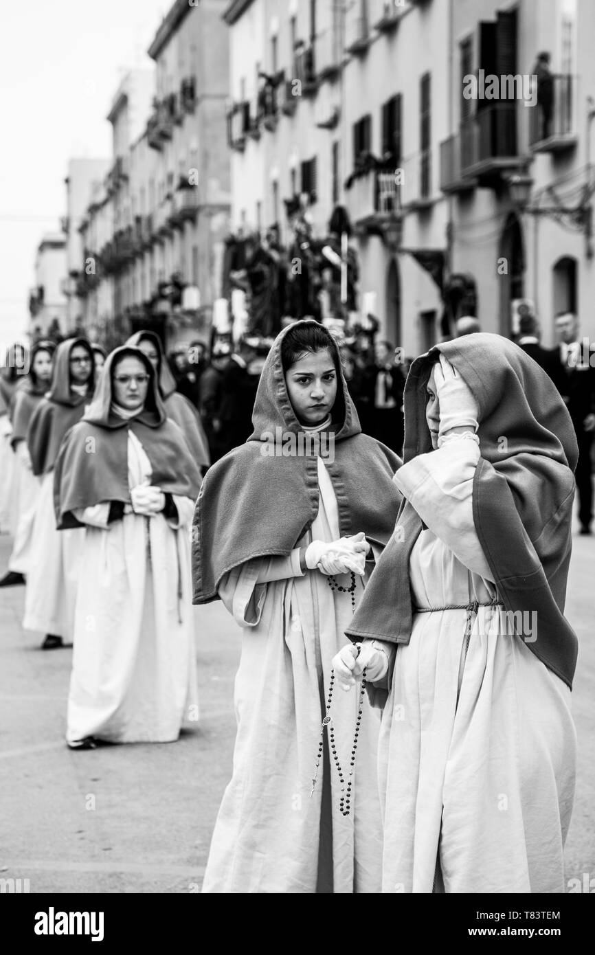 TRAPANI, ITALY - Aprile 19-20, 2019 - The Mysteries of Trapani is a 24 hours long procession featuring twenty floats of lifelike scenes of the Passion Stock Photo