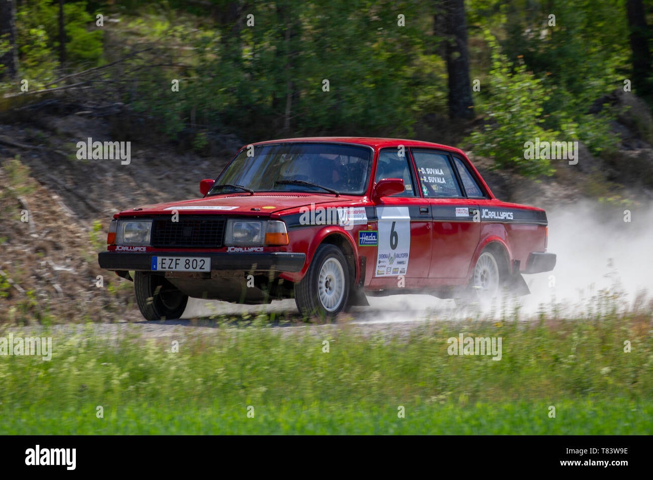 Swedish Volvo rally car on a dirt road at full speed Stock Photo