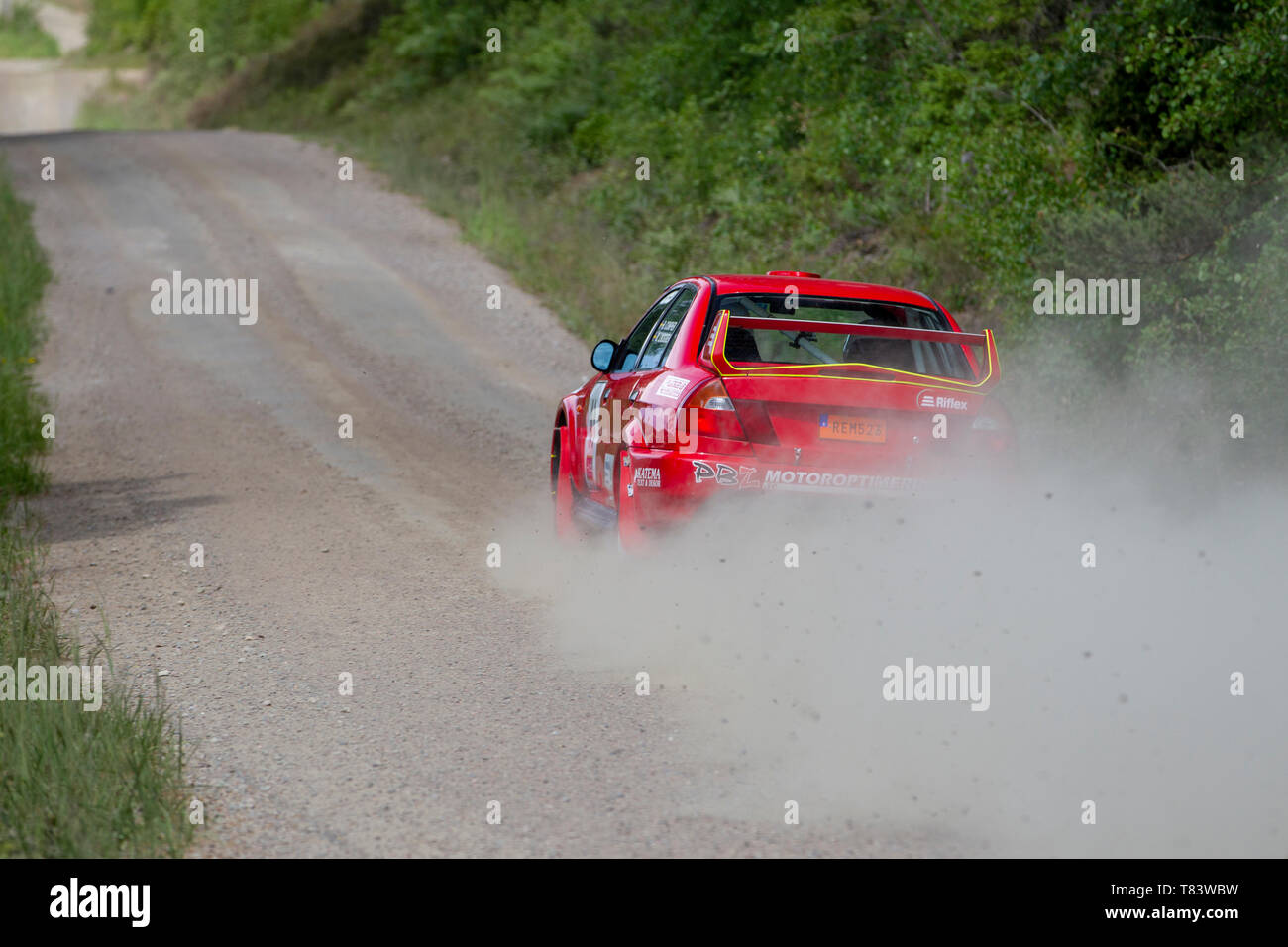 Fast rally car on a dusty dirt road in sweden Stock Photo