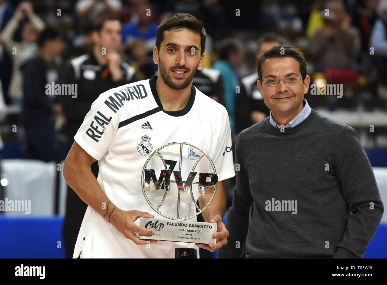 Facundo Campazzo, #11 of Real Madrid seen holding an MVP trophy during the 2018/2019 Liga Endesa Regular Season Game (day 31) between Real Madrid and Movistar Estudiantes at WiZink center in Madrid. Final Score: Real Madrid 109 - 92 Movistar Estudiantes. Stock Photo