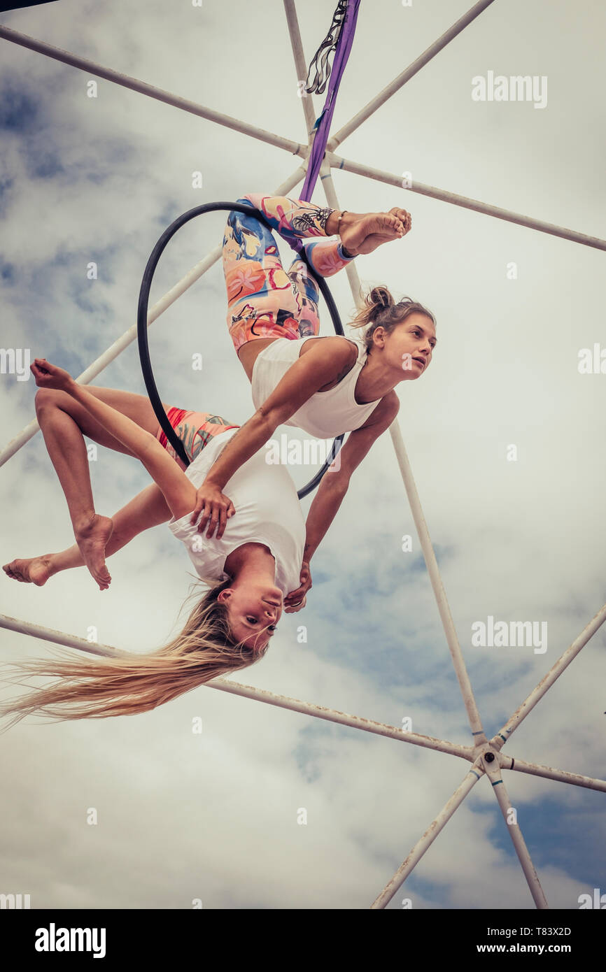 Couple team peole of acrobatice air dance traing together for perfect