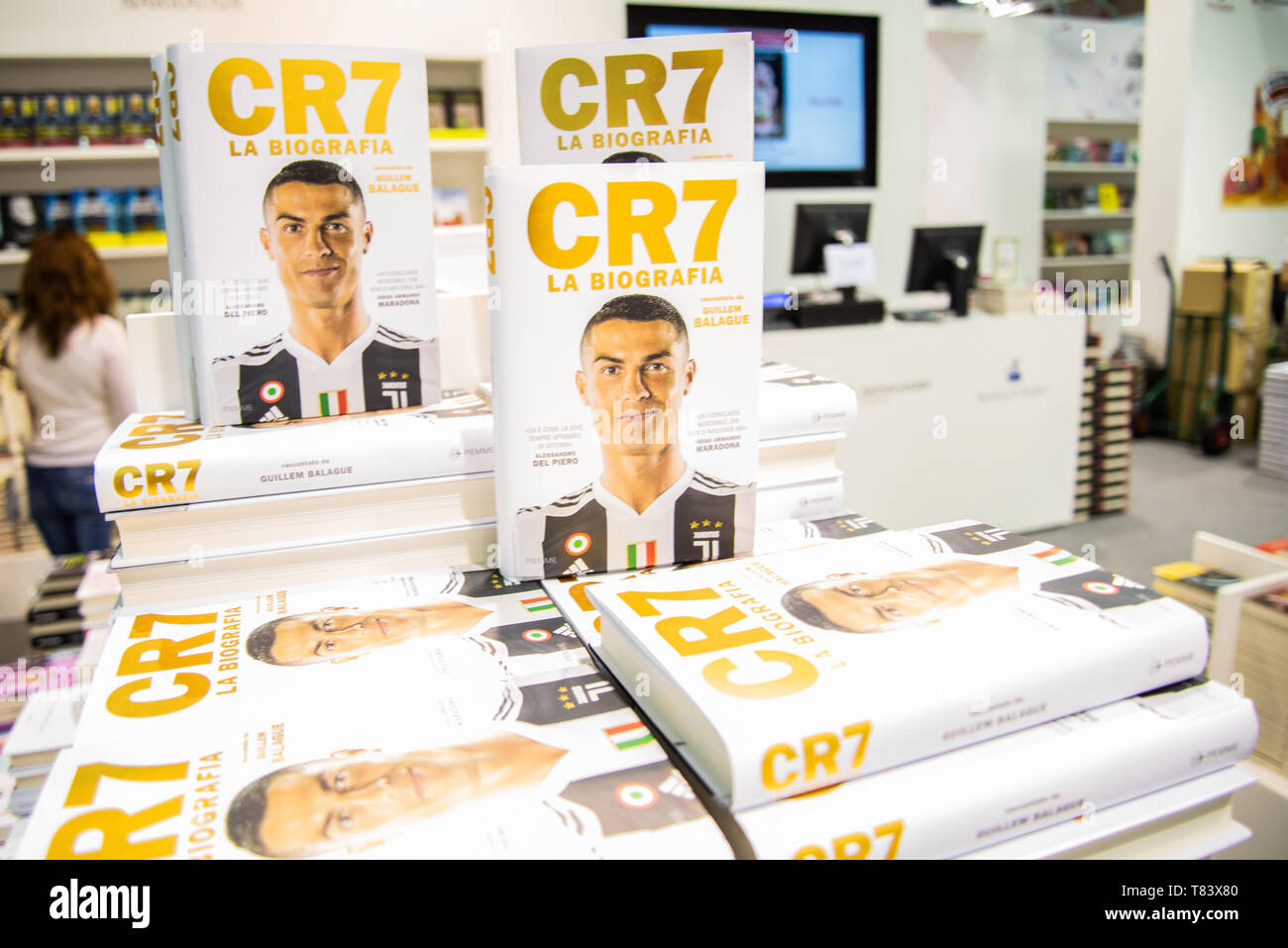 The book of Cristiano Ronaldo depicted during the event. The International Book Fair is the most important Italian event in the publishing field. It takes place at the Lingotto Fiere conference centre in Turin once a year, in the month of May. Stock Photo