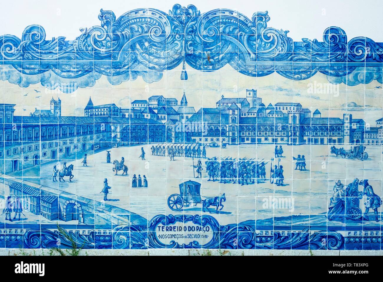 Portugal, Lisbon, Alfama district, Miradouro de Santa Luzia, historical panels in azulejos on the wall of Santa Luzia church Stock Photo