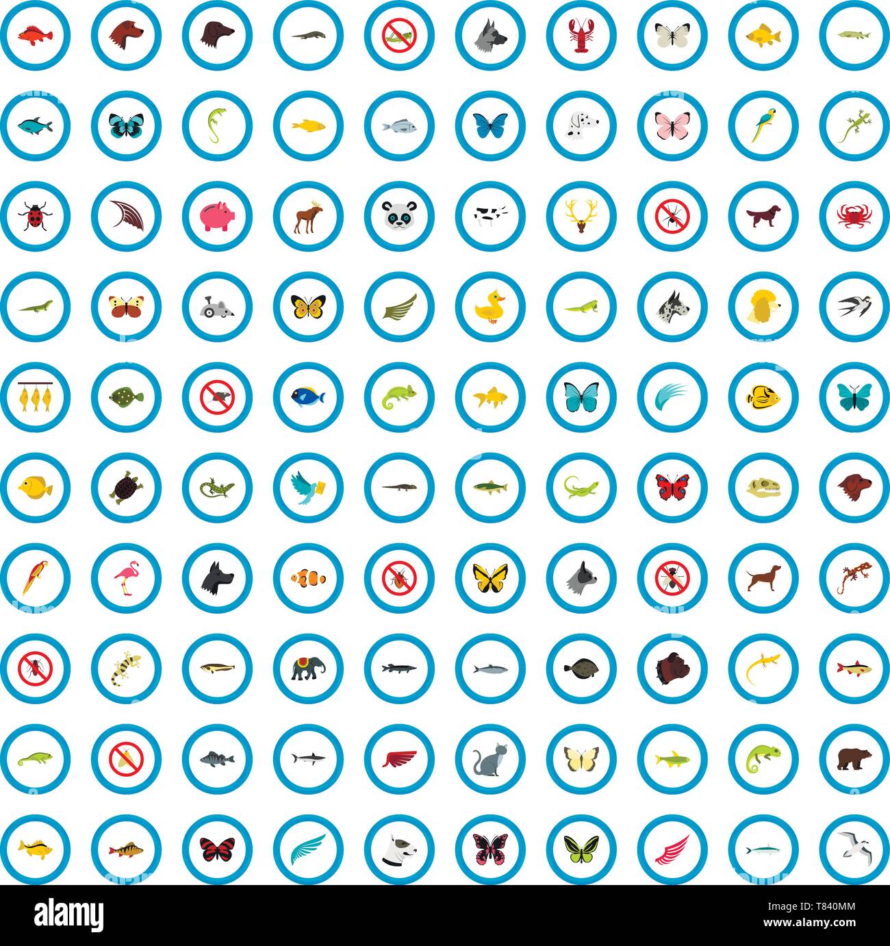 100 zoo icons set, flat style Stock Vector