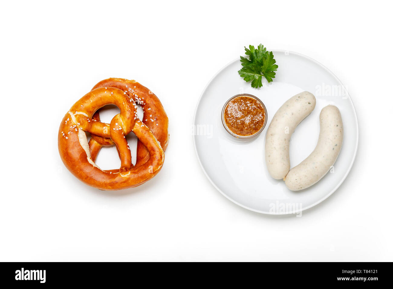 bavarian white sausage with pretzel Stock Photo