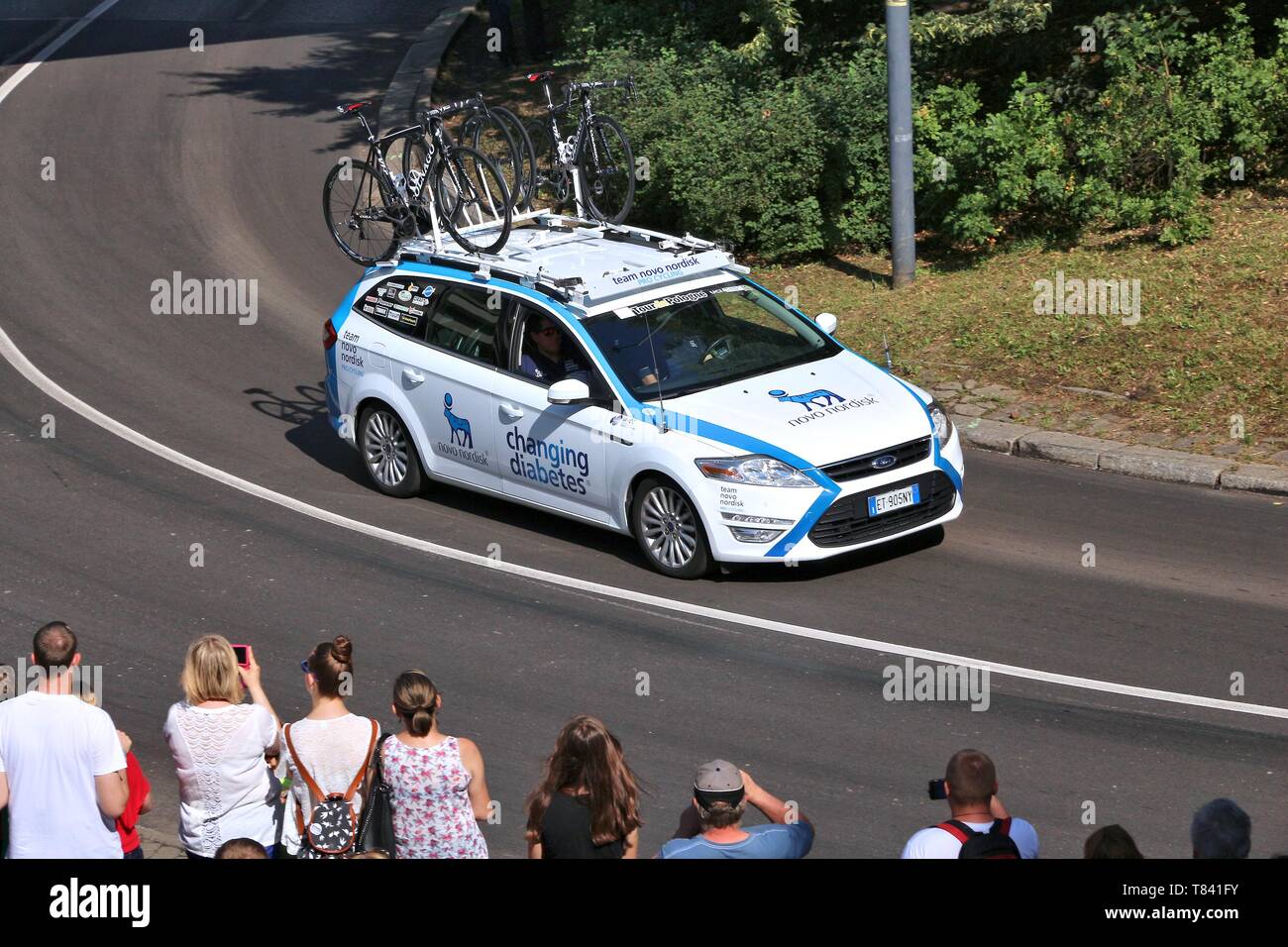 BYTOM, POLAND - JULY 13, 2016: Team vehicle drives in Tour de Pologne bicycle race in Poland. Ford Mondeo of Novo Nordisk pro cycling team. Stock Photo