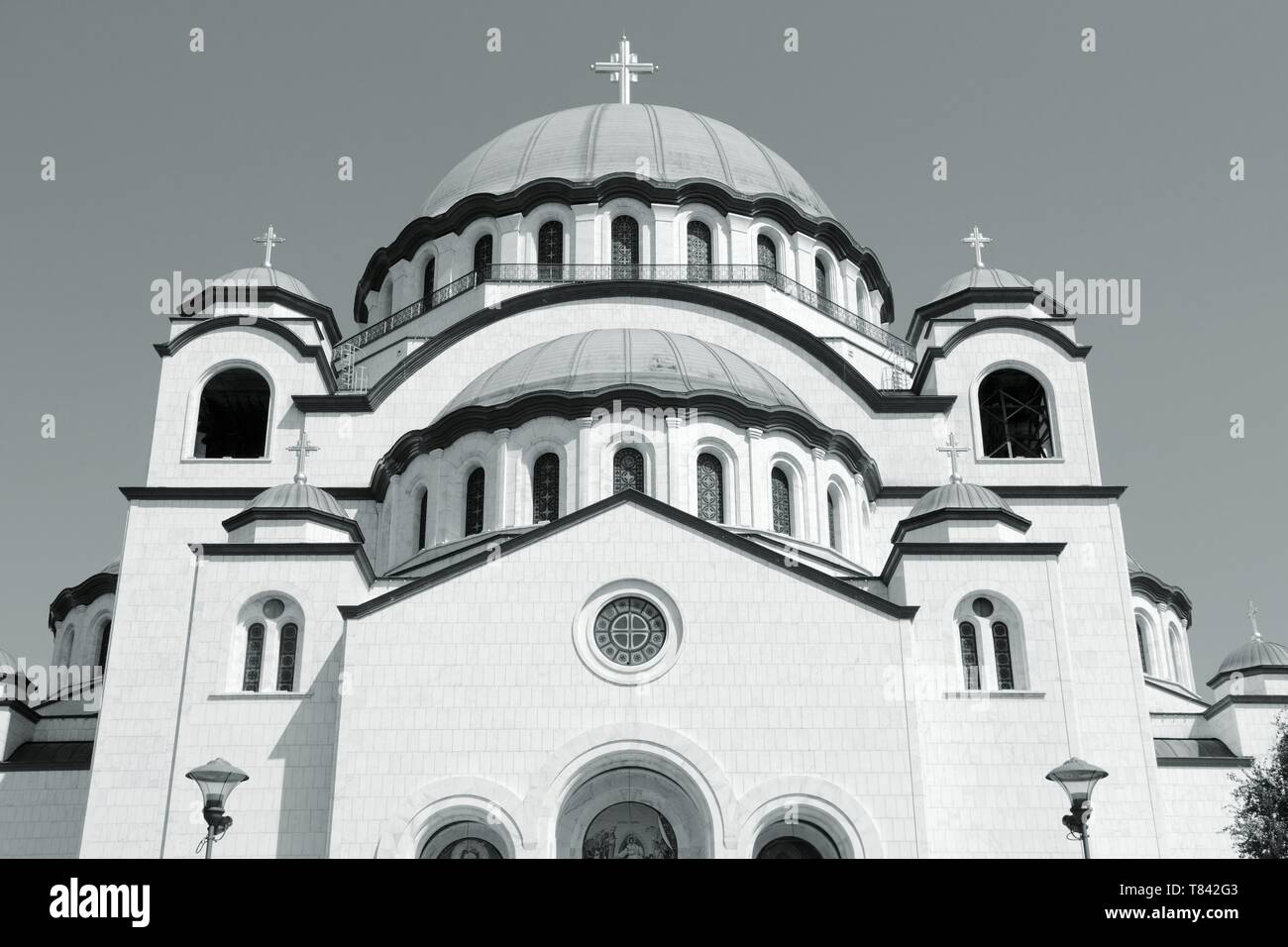 Cathedral in Belgrade, Serbia - Saint Sava Orthodox Cathedral. Neo-Byzantine architecture. Vracar district. Black and white tone - retro monochrome co Stock Photo