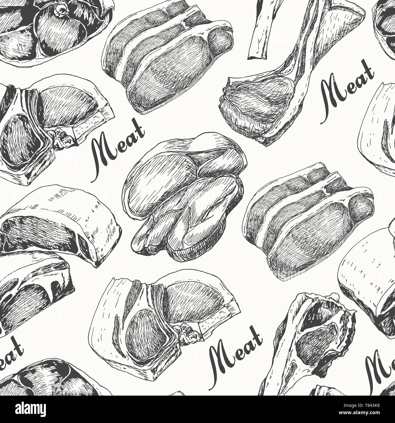 Seamless pattern with different meat products. Vector illustration for ...