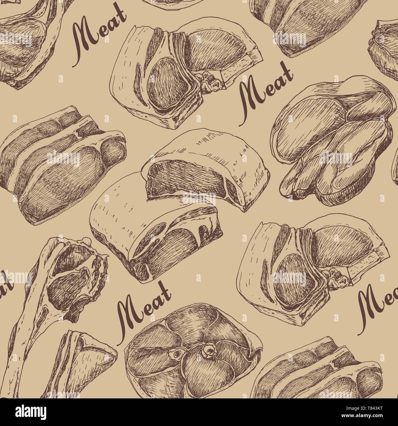 Seamless pattern with different meat products. Vector illustration for your design Stock Vector