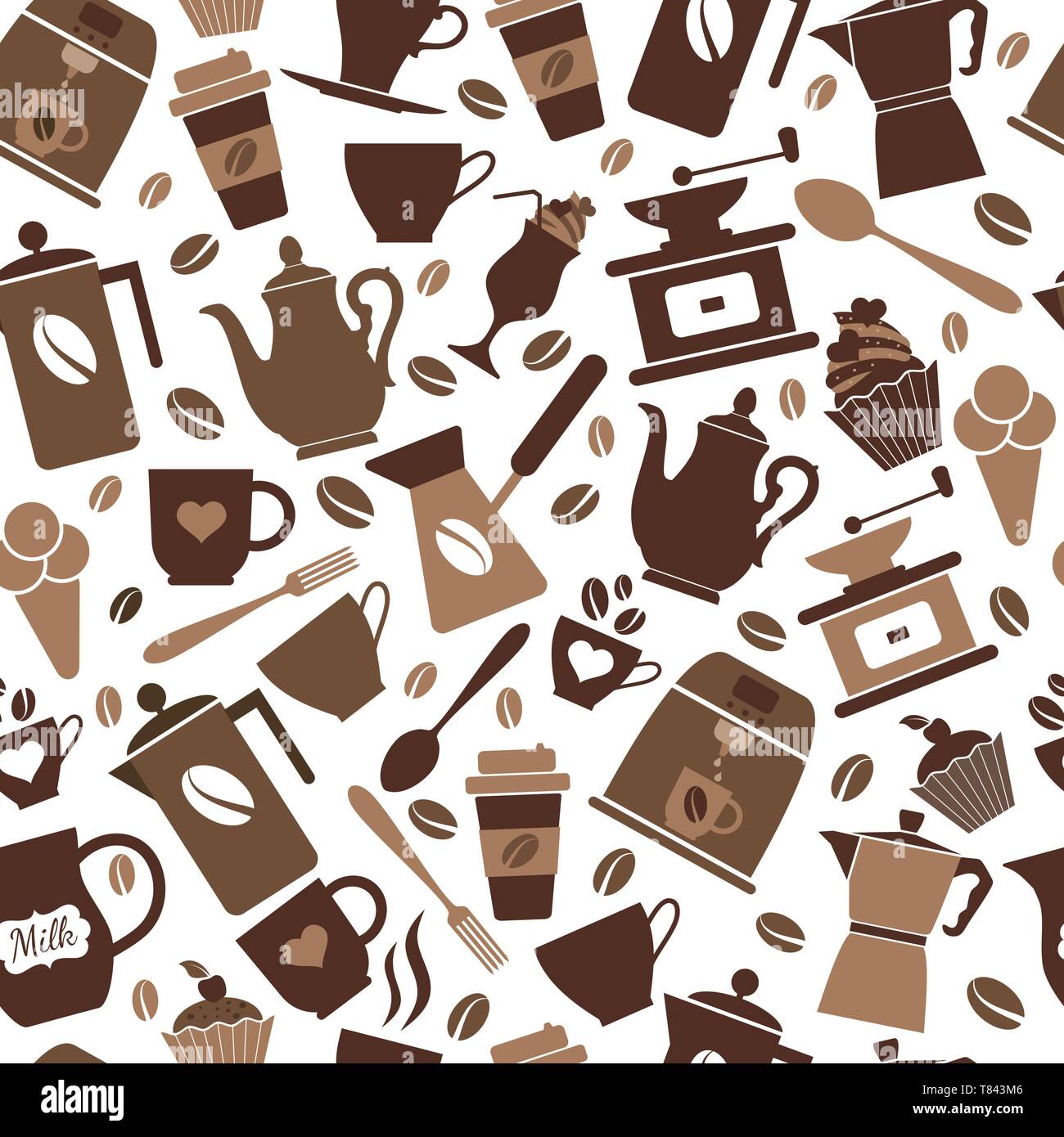 Colorful coffee icon set on white. Vector illustration. Seamless pattern. Stock Vector