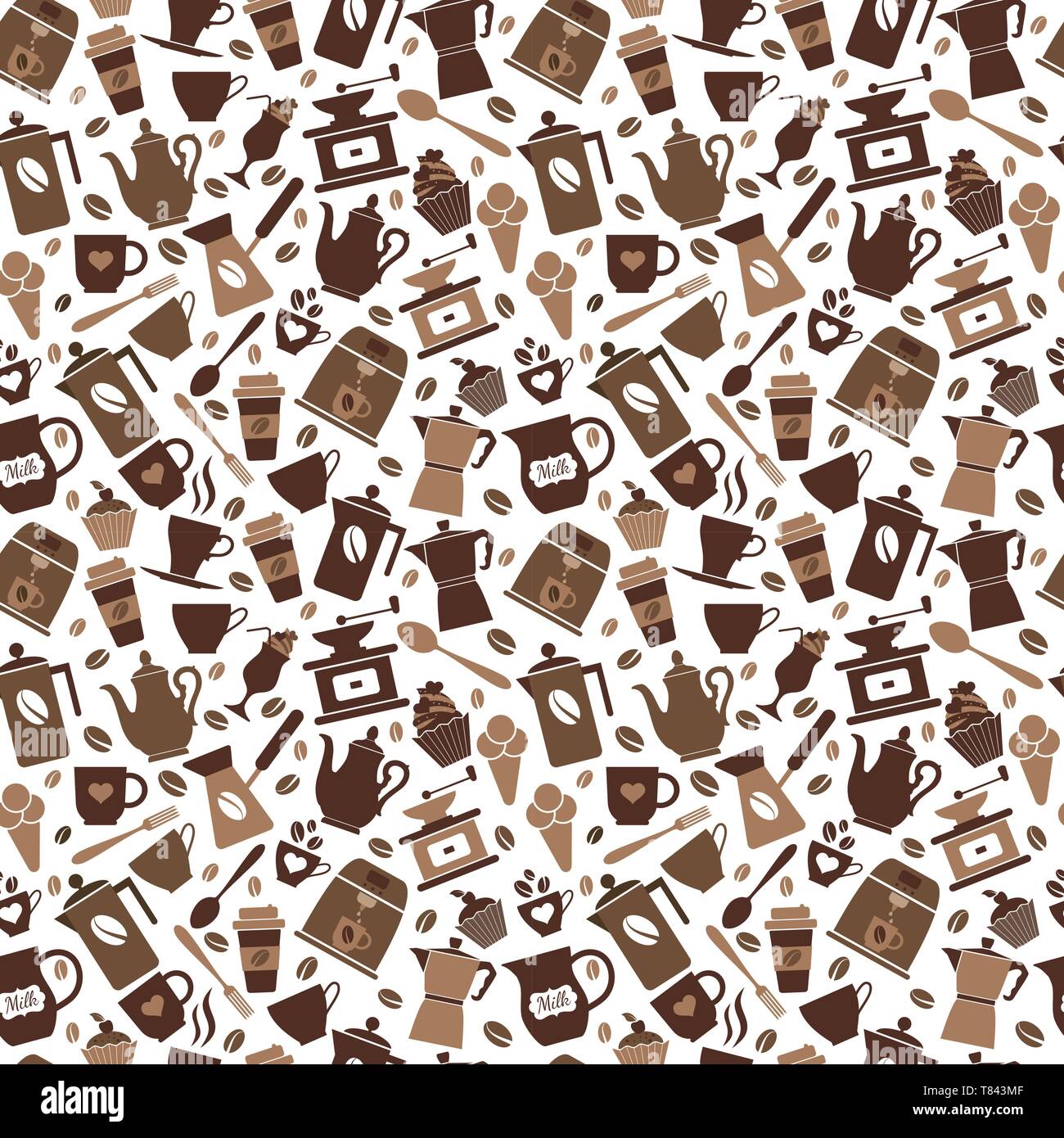 Colorful coffee icon set on white. Vector illustration. Seamless pattern. Stock Vector