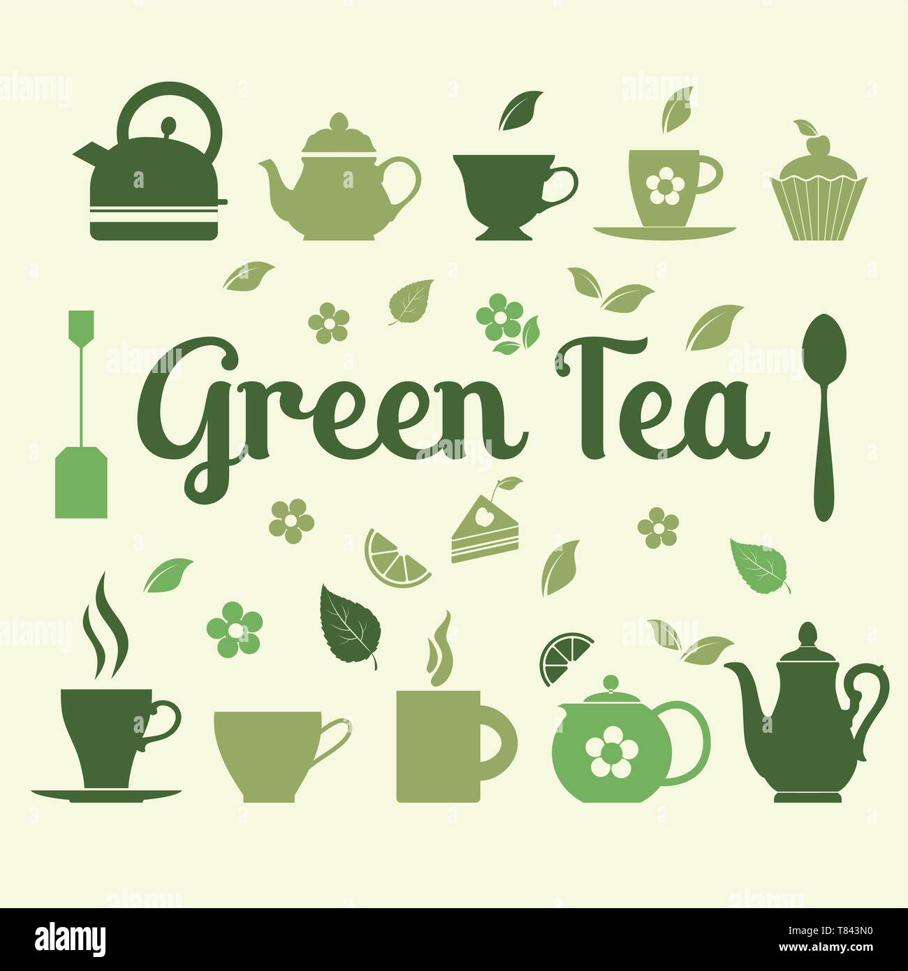 Green tea set vector icons on green background. Stock Vector