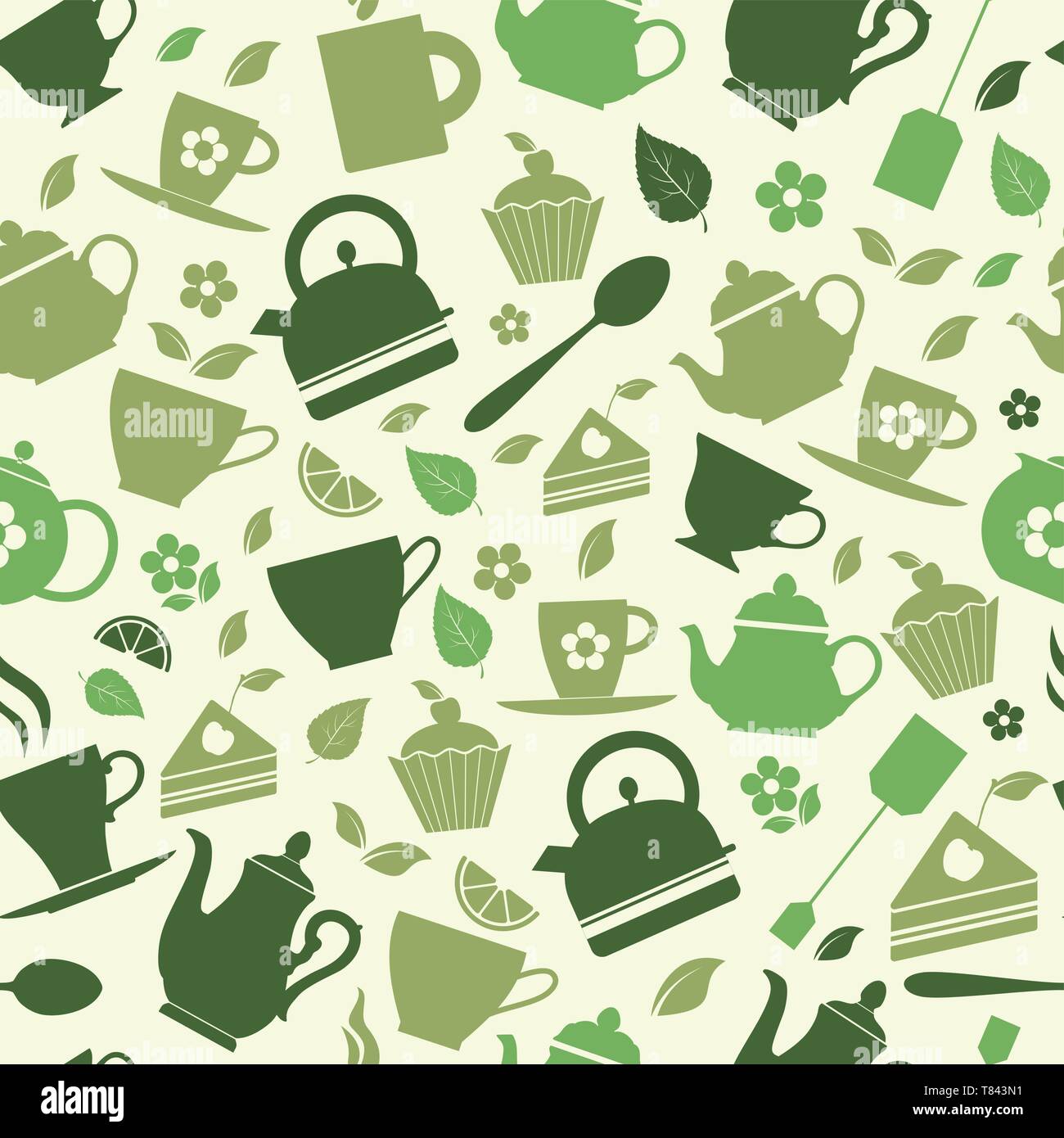 Green tea set vector icons on green background. seamless pattern Stock ...