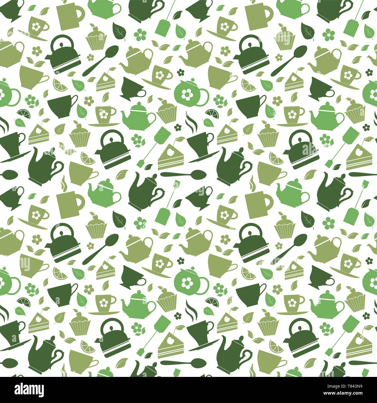 Green tea set vector icons on green background. seamless pattern. Stock Vector