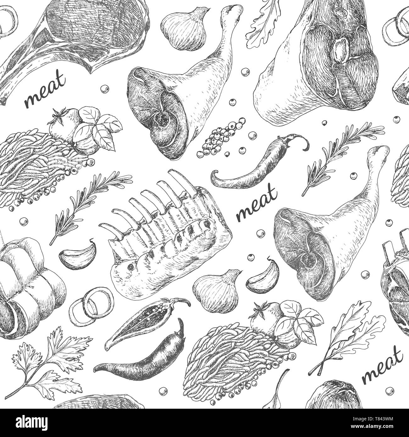 Seamless pattern with different meat products. Vector illustration for ...