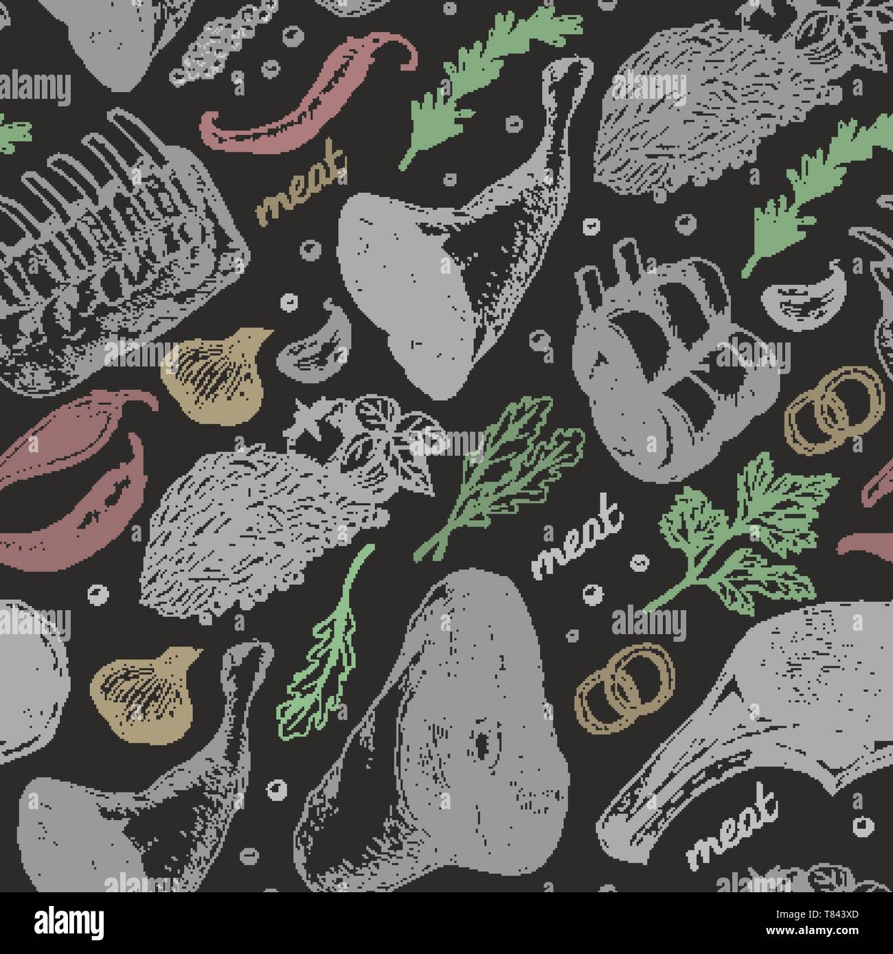 Seamless pattern with different meat products. Vector illustration for your design Stock Vector