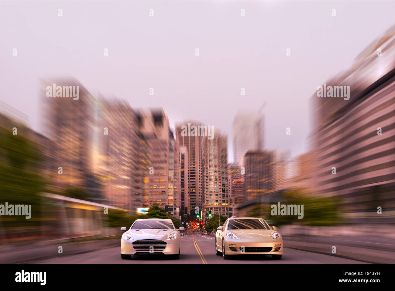 3D rendering of two luxury sports car racing in the middle of downtown